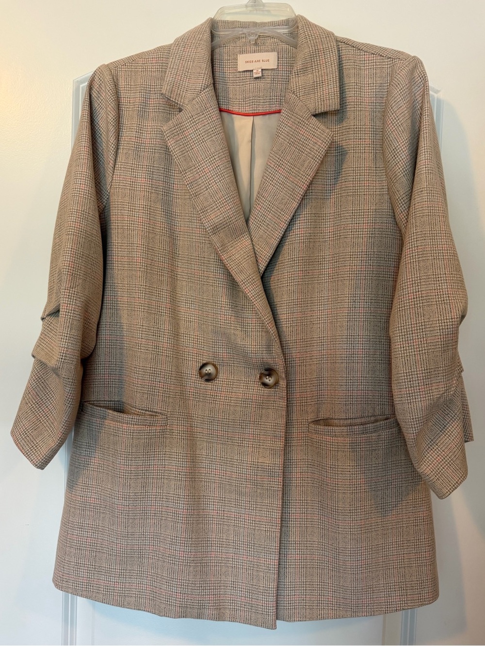 Skies Are Blue Taupe Plaid Double-Breasted Blazer